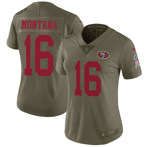 Nike 49ers #16 Joe Montana Olive Women's Stitched NFL Limited Salute to Service Jersey